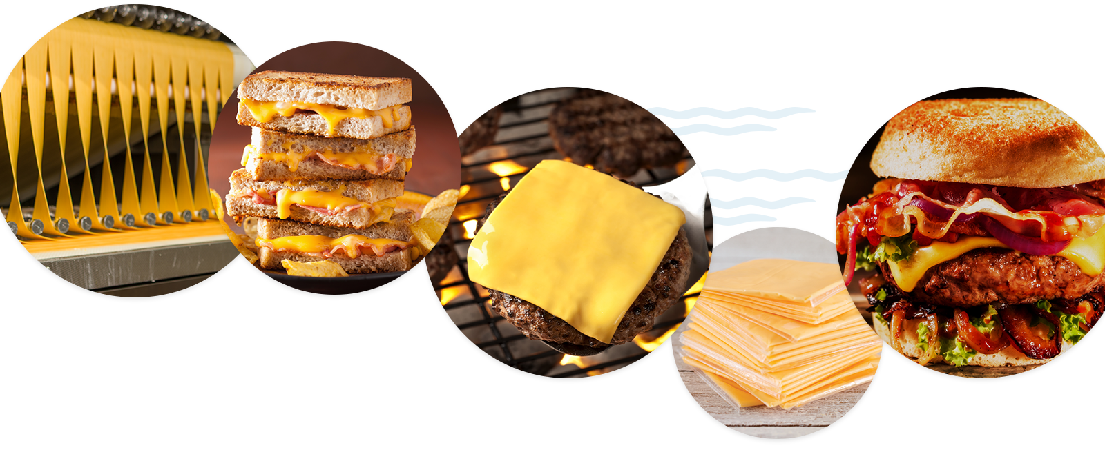 An assortment of processed cheese on sandwiches and by itself