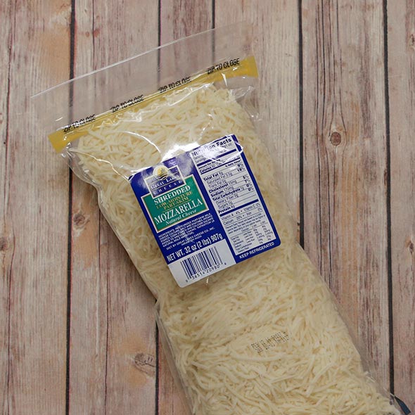Large bag of shredded mozzarella cheese